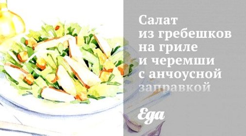 Салат из гребешков на гриле и черемши с анчоусной заправкой