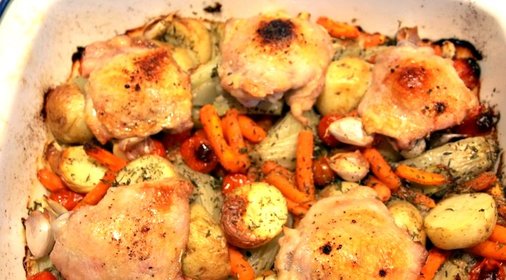 Жареная курица с овощами