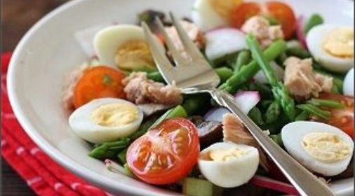 Салат со спаржей , тунцом и перепелиными яйцами