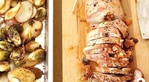 Свинина фаршированная абрикосами с картофелем и капустой