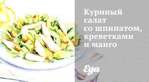 Куриный салат со шпинатом, креветками и манго