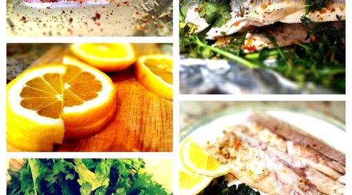 Запеченный сибас с травами и шпинатом