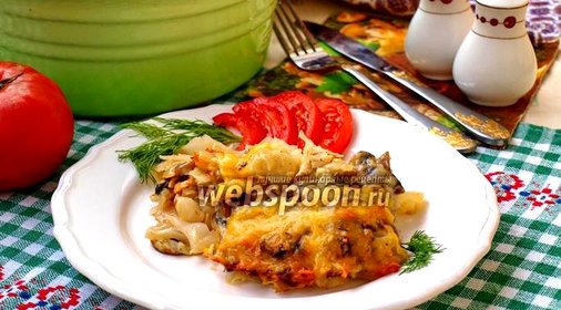 Капуста запечённая в духовке с шампиньонами и курицей
