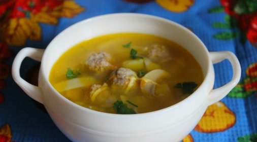 Суп с мясными фрикадельками, лапшой и грибами